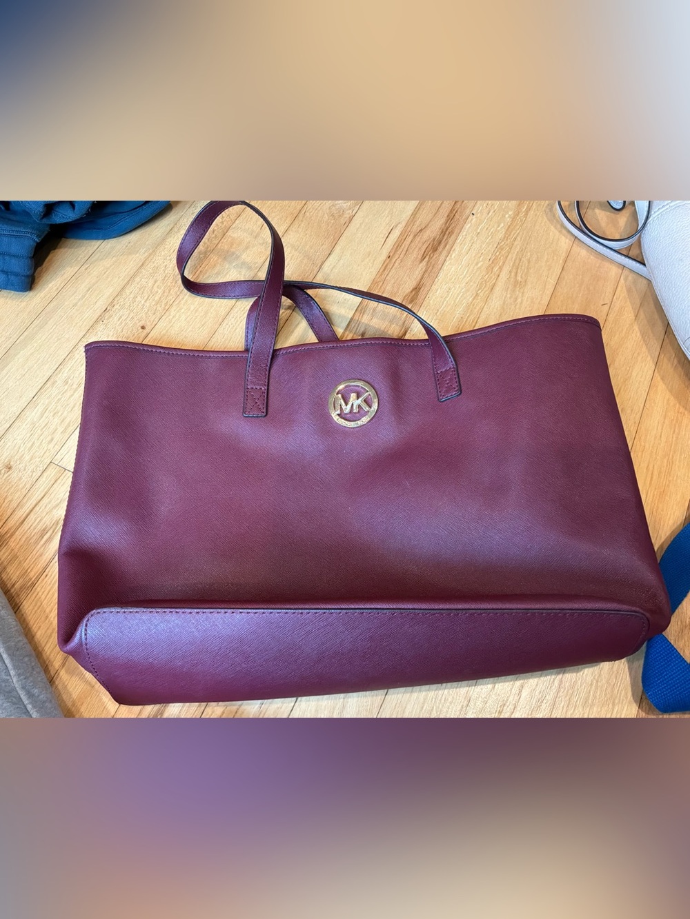 Michael Kors Wine Leather Tote with Gold MK Emblem